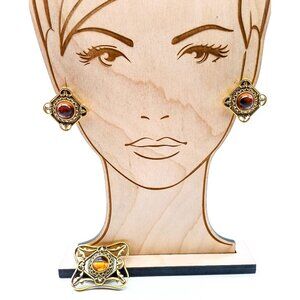 Vintage Avon Queens Eye Matching Brooch and Clip On Earrings Set, Gold Tone